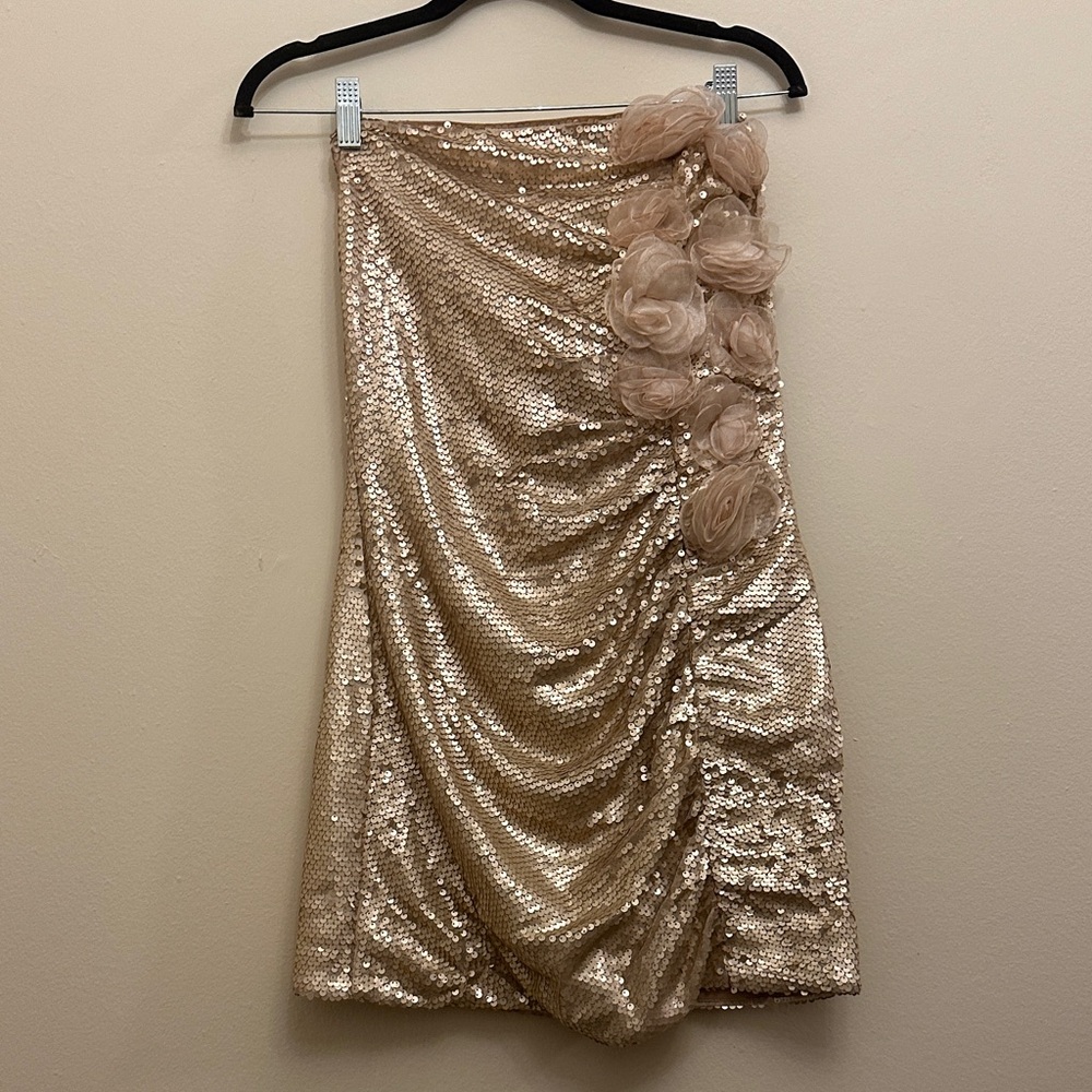 As It May Hendrix Strapless‎ Mini Dress Sequins Flower Accents Sz S Champagne